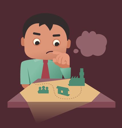 Illustration of a man standing over the map trying to make an important decision のイラスト素材