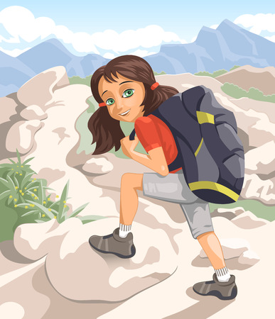 Girl hiking in mountains on a sunny dayのイラスト素材
