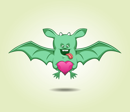Illustration of a green bat monster holding a heart in his handsのイラスト素材