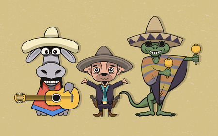 Illustration of mexican cartoon musicians in ethnical clothing. のイラスト素材