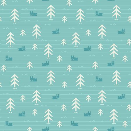 Abstract seamless pattern with rabbits among the trees in winter forest.