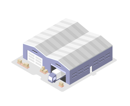 Truck moves out of the warehouse to deliver cargo. Isometric illustrationのイラスト素材