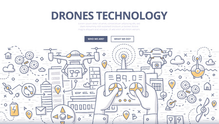 Doodle vector illustration of remotely controlled flying robots, unmanned aerial vehicles. Concept of drones technology for web banners, printed materialsのイラスト素材