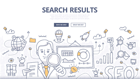 Doodle design style concept of search engine results optimization, SEO technology, user web search experience, website ranking, digital marketing. Modern line style concepts for web banners, online tutorials, printed and promotional materialsのイラスト素材