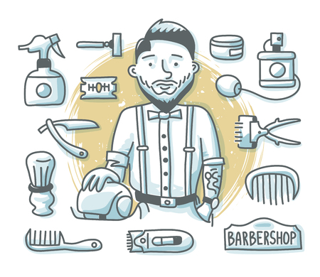 Hair salon concept with fashion bearded hairdresser and barber shop accessories and supplies for web banners, hero images and printed materials. Doodle professions seriesのイラスト素材