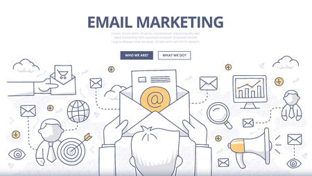 Doodle design style concept of digital marketing, email campaign, newsletter and subscription. Modern line style concept for web banners, online tutorials, printed and promotional materialsのイラスト素材