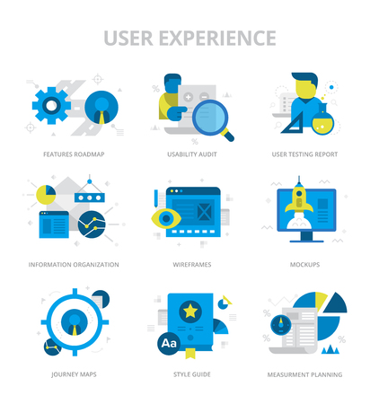 Flat design style vector icons of user experience, information organization, website structure planning. Digital marketing concept iconsのイラスト素材