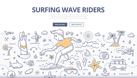 Doodle vector illustration of surfer riding ocean wave. Concept of surfing adventure for web banners, printed materialsのイラスト素材