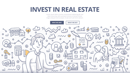 Doodle vector illustration of buying, renting property. Concept of real estate investment for web banners, hero images, printed materialsのイラスト素材