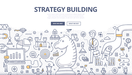 Doodle design style concept of developing business growth strategy, business environment analysis, decision making. Modern line style illustration for web banners, hero images, printed materialsのイラスト素材
