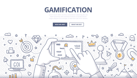 Doodle concept of gamification strategy, modern social media marketing, technology & innovation. Modern line style illustration for web banners, hero images, printed materialsのイラスト素材