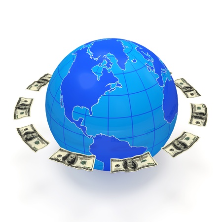 Dollars flying around Planet on white backgroundの写真素材