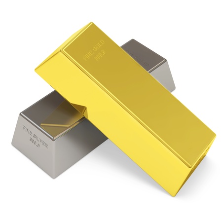 Golden and Silver Bars on white backgroundの写真素材