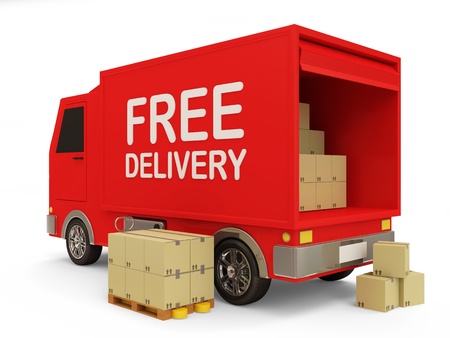 Delivery Van with a Boxes on white background  Free Delivery Concept の写真素材
