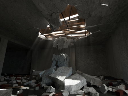 Abandoned Room Interior with Sun Rays Breaking Through the Holes in Ceilingの写真素材