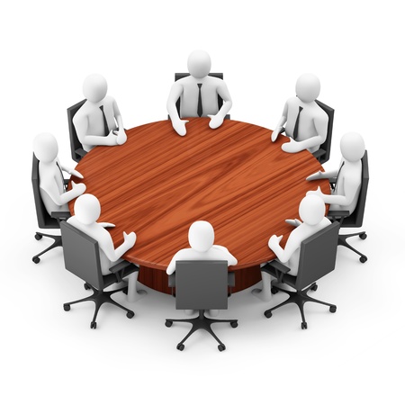 3d Men Sitting at a Round Table over white backgroundの写真素材