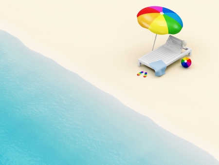 Deck Chair with Sunshade on Beach near the Seaの写真素材