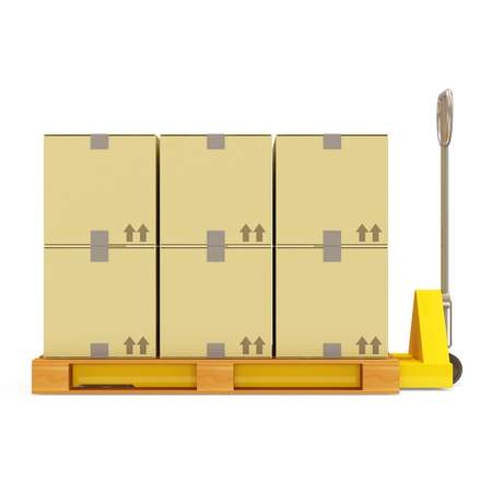 Pallet Truck with Carton Boxes isolated on white backgroundの写真素材