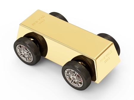 Golden Bar on Wheels isolated on white backgroundの写真素材