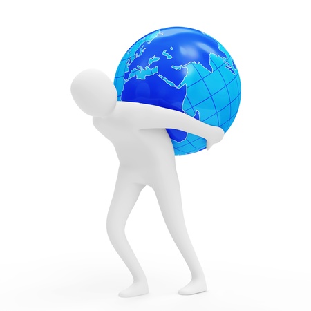 3d Man Carrying Earth Globe isolated on white backgroundの写真素材
