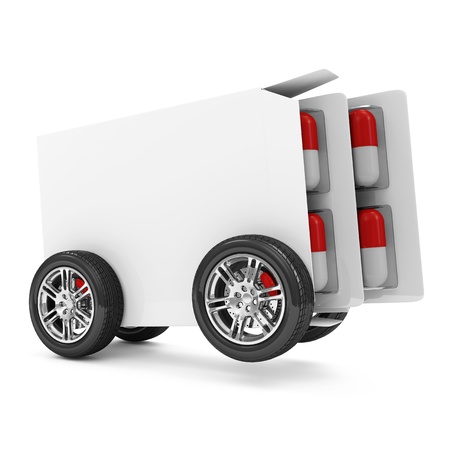 Package of Medical Pills on Wheels isolated on white backgroundの写真素材