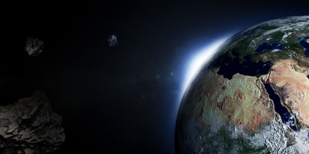3D Illustration of Earth with Rising Sun and Asteroidsの写真素材