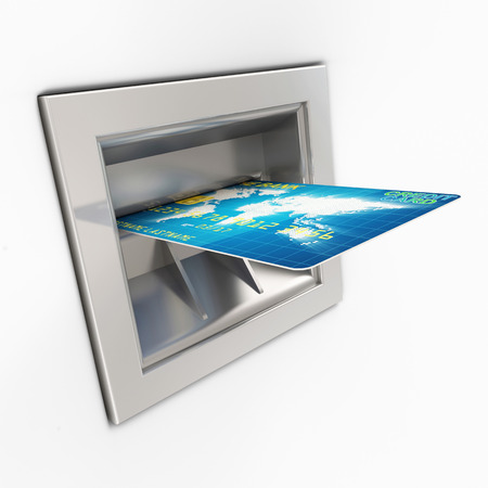 Close Up of ATM Machine with Credit Card isolated on white backgroundの写真素材
