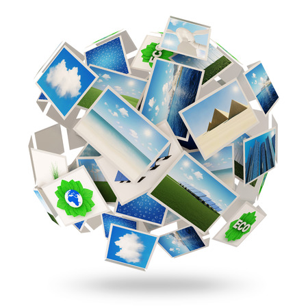 Abstract sphere made form different photos isolated on white backgroundの写真素材