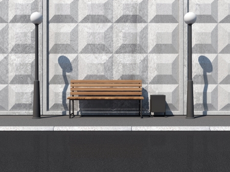 Abstract illustration of Street with Bench and Street Lamps near the Concrete Wallの写真素材