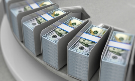 New 100 Dollar Bills on a Conveyorの写真素材