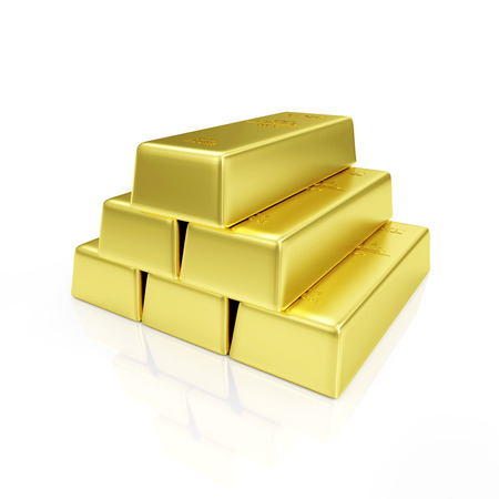 Pyramid from Golden Bars isolated on white backgroundの写真素材