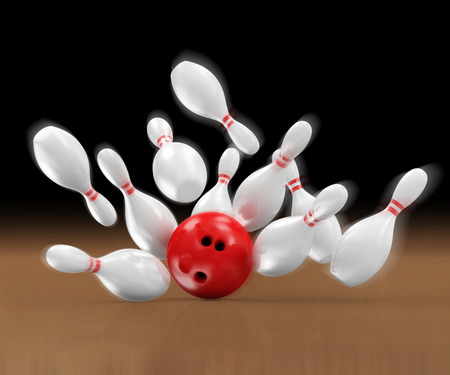 Red Bowling Ball crashing into the Pins in Motionの写真素材
