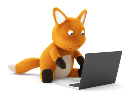 Funny Little Fox with Laptop on white backgroundの写真素材