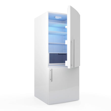 Modern refrigerator with opened door isolated on white backgroundの写真素材