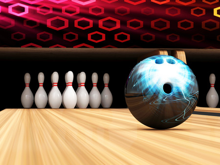 Bowling Ball is Rolling on Wooden Laneの写真素材