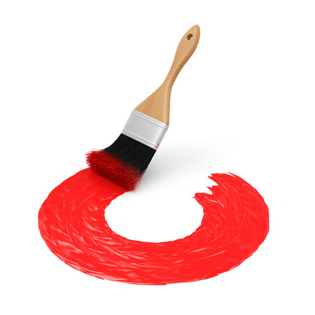 Paint Brush with Red Paint Stroke isolated on white backgroundの写真素材