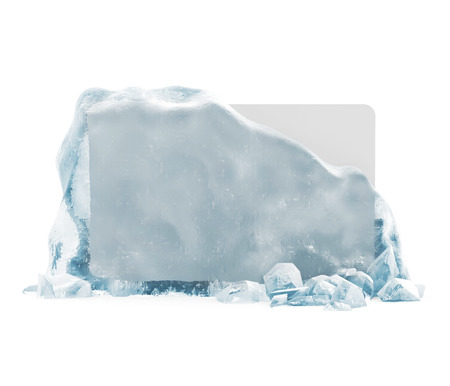Frozen Blank Board in Broken Solid Ice Block isolated on white backgroundの写真素材