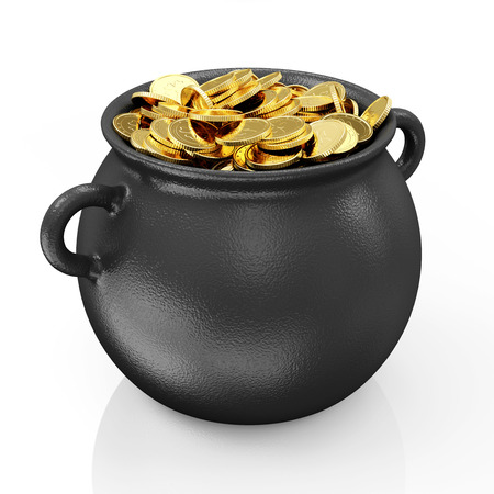 Iron Pot with Golden Coins for Traditional Irish holiday St  Patrick s Day isolated on white background の写真素材