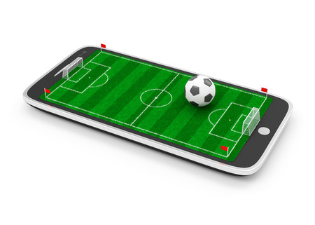 Mobile Football Concept  Soccer Field in Touchscreen Smart Phone with Soccer Ball isolated on white backgroundの写真素材