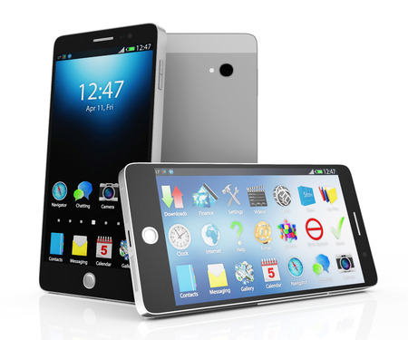 Modern Black Touchscreen Smart Phones isolated on white backgroundの写真素材