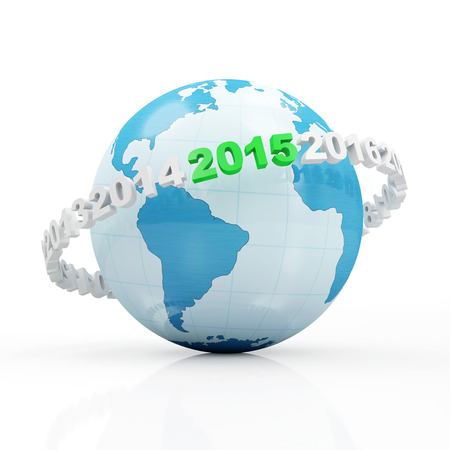 New Year 2015 around Earth planet isolated on white backgroundの写真素材