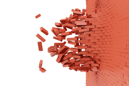 Demolished Red Brick Wall isolated on white backgroundの写真素材