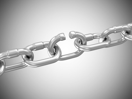 The Weakest Link Concept. Broken Metal Chain isolated on white backgroundの写真素材