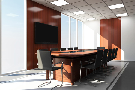 Modern Meeting Room 3D Interior with Big Windowsの写真素材