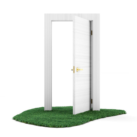 Opened Door on Beautiful Green Grass isolated on white backgroundの写真素材