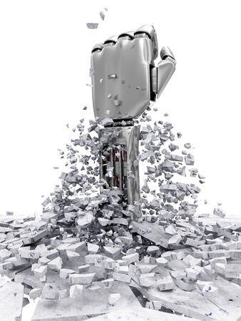 Metal Robotic Hand Breaking Through From Concrete Floor.の写真素材