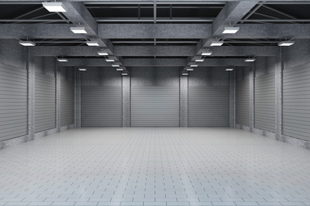 Modern Storehouse 3D Interior with Closed Doorsの写真素材