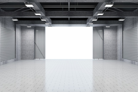 Modern Storehouse 3D Interior with Opened Doorsの写真素材