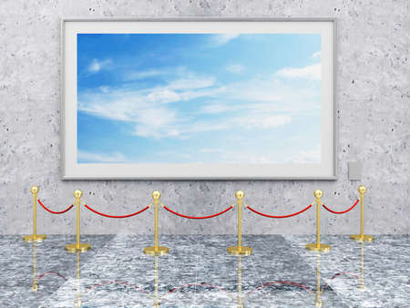 Modern Gallery Interior with Picture Frame and Golden Velvet Rope. 3D Renderingの写真素材