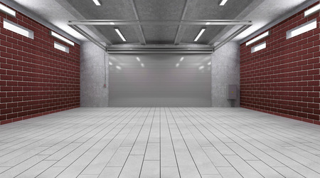 Garage 3D Interior with Closed Roller Doorの写真素材